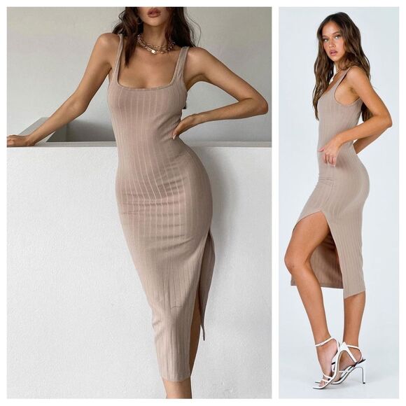 Princess Polly Ribbed Slit Midi Dress Light Brown Tan Stretch 4 - Picture 1 of 9